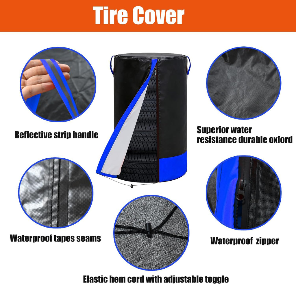 Waterproof Tire Storage Cover – Dust-Proof, Universal Tire Stack Cover for Up to 35" Diameter Tires | Black/Blue Two-Tone Design