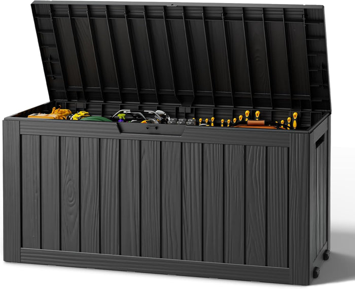 Outdoor Storage Box, Resin Deck Boxes Indoor and outdoor, Waterproof Storage Box Lockable Lid (Black, 85 Gallon)