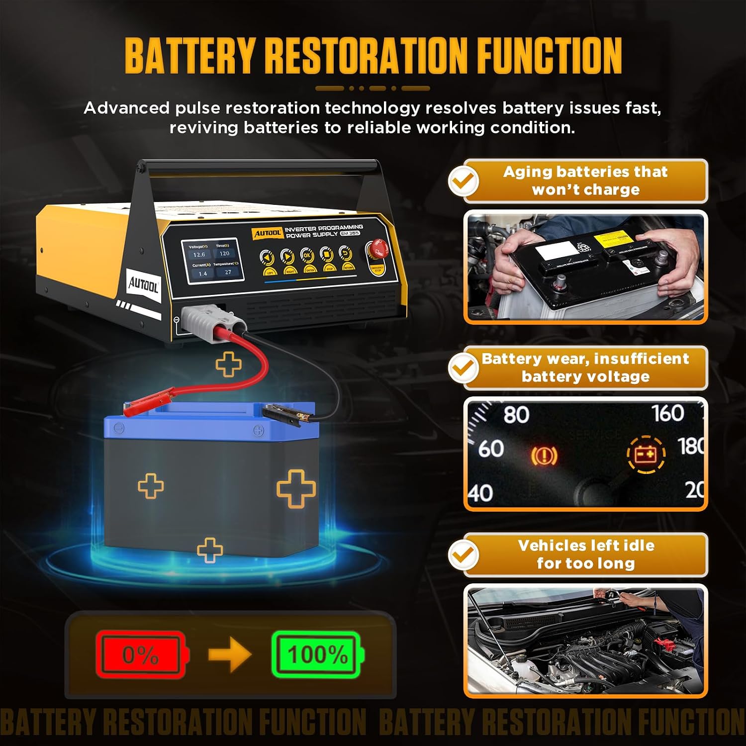 AUTOOL EM365 Inverter Programming Power Supply, Power Inverter for Car, 12V Automotive Battery Maintainer with 400A Rated Current, Adjustable 10.8-15V, Multi-Protection