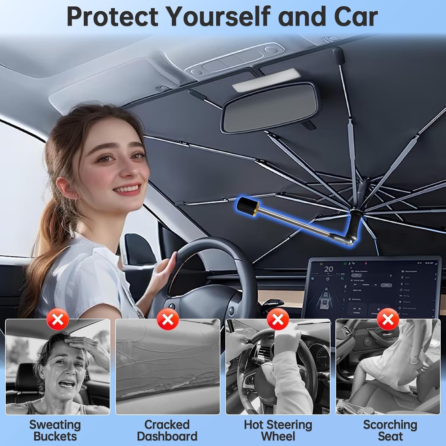 Windshield Sun Shade Umbrella for Hyundai Santa fe 2019-2025, Foldable Car Sunshade for Front Window, Highly Reflective Auto Sun Shield Visor for UV Protection, Keep Car Cool Accessories