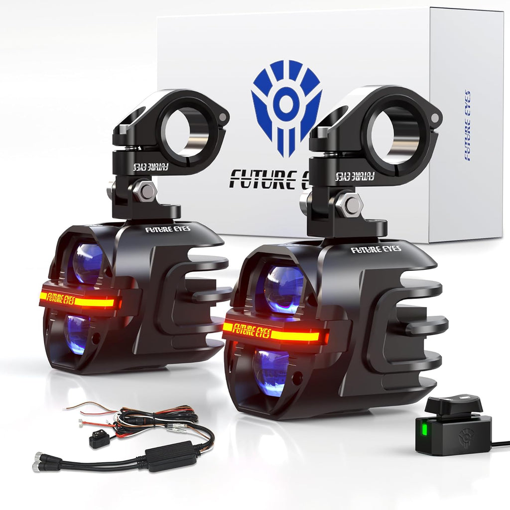 Future Eyes Motorcycle Fog Lights 120W LED Amber Auxiliary Driving Lights with DRL & Strobe, IP67 Waterproof Motorcycle Light for Night Riding, Off-Road, Dirt Bike, ATV, UTV, Golf Cart
