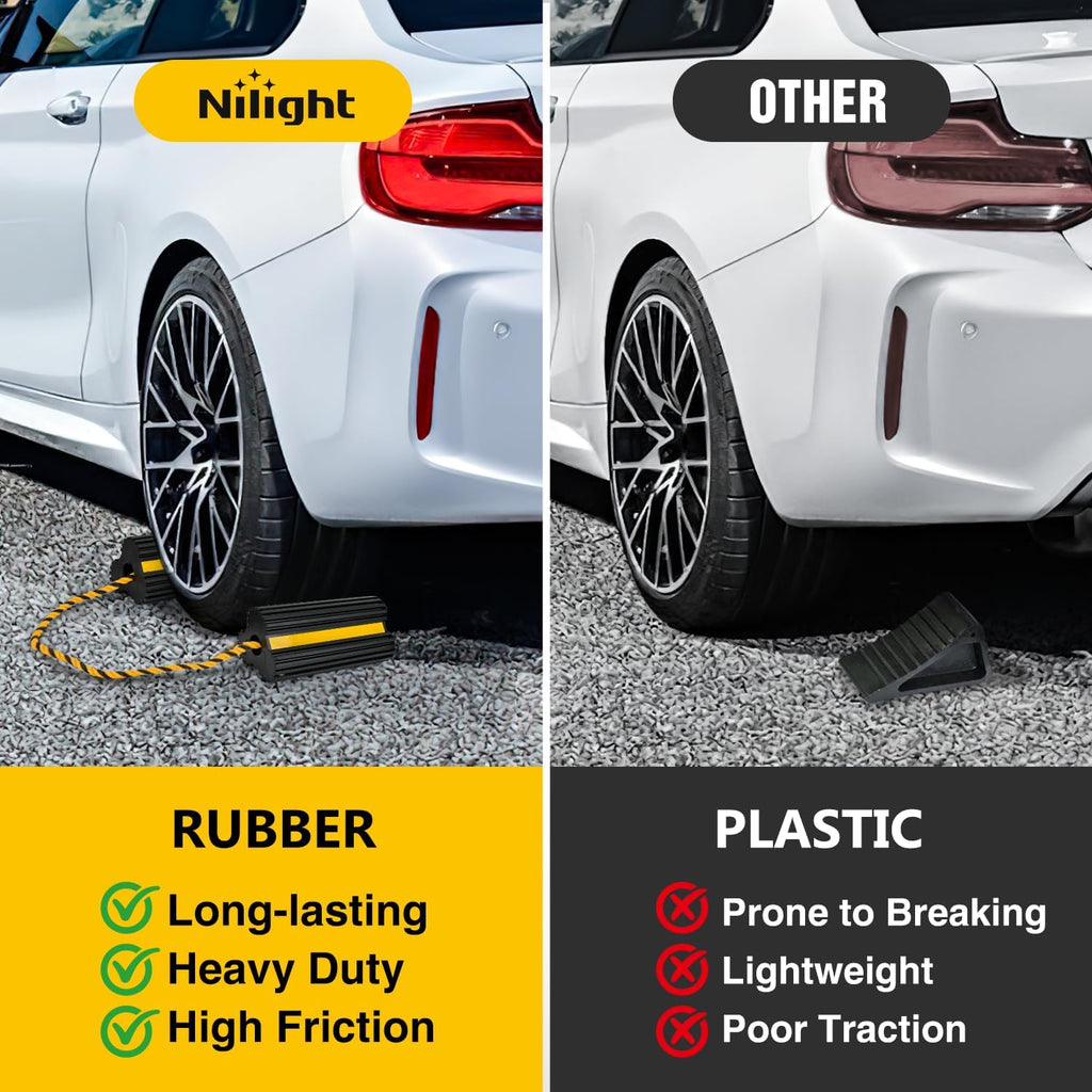 Nilight Wheel Chocks RV Car Heavy Duty Rubber Tire Chock Blocks Stopper Yellow Reflective Strips Stabilizer 4 Pack with Rope for RVs Cars Travel Trailers Campers Trucks Motorcycle Accessories Parking