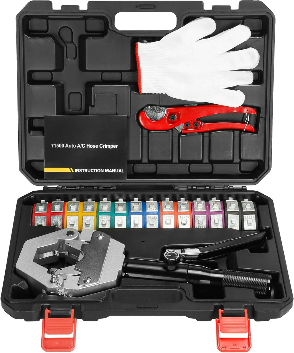 hydraulic ac hose crimper kit with 7 snap-on shown in use