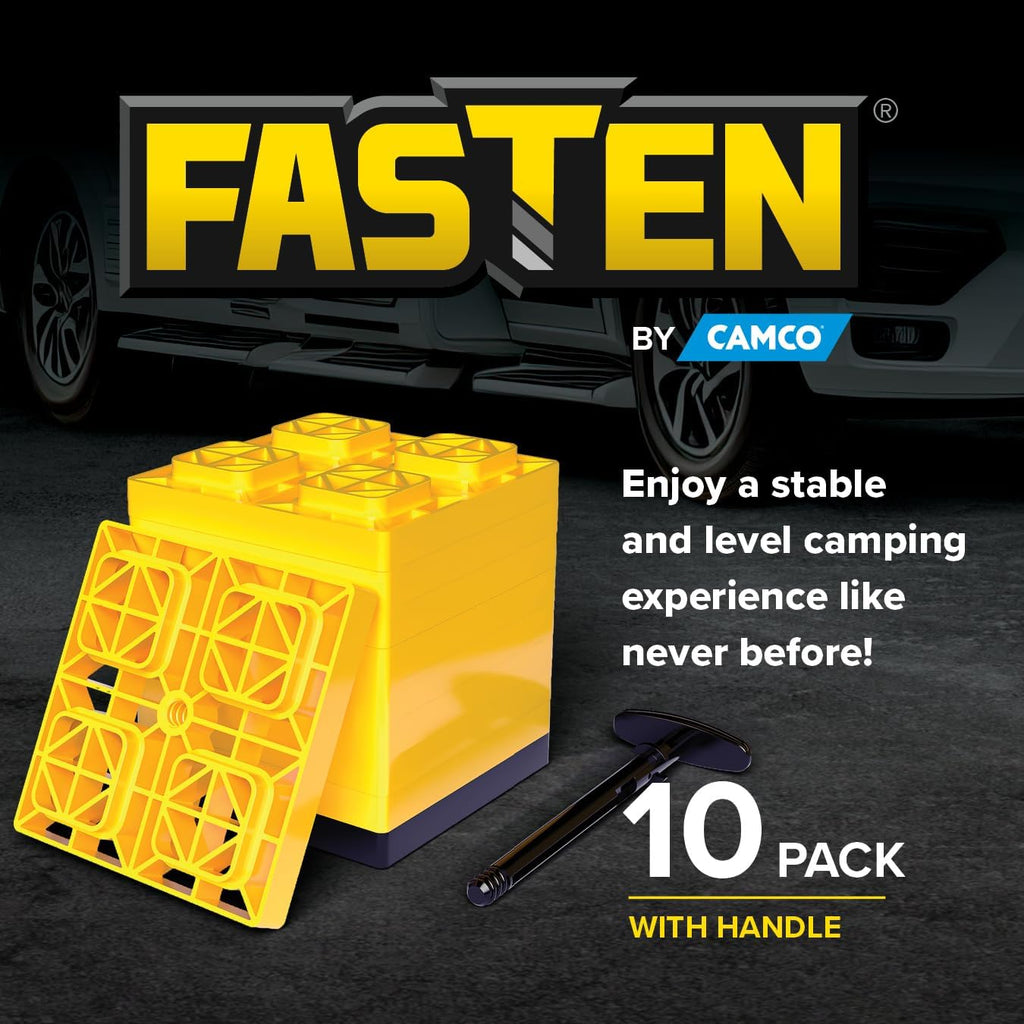 Camco FasTen RV Leveling Blocks - Features Interlocking Design for Customizable Height - Carrying Handle Twists to Secure Blocks for RV Storage - 8.5” x 8.5” x 1”, Yellow, 10-Pack (21022)