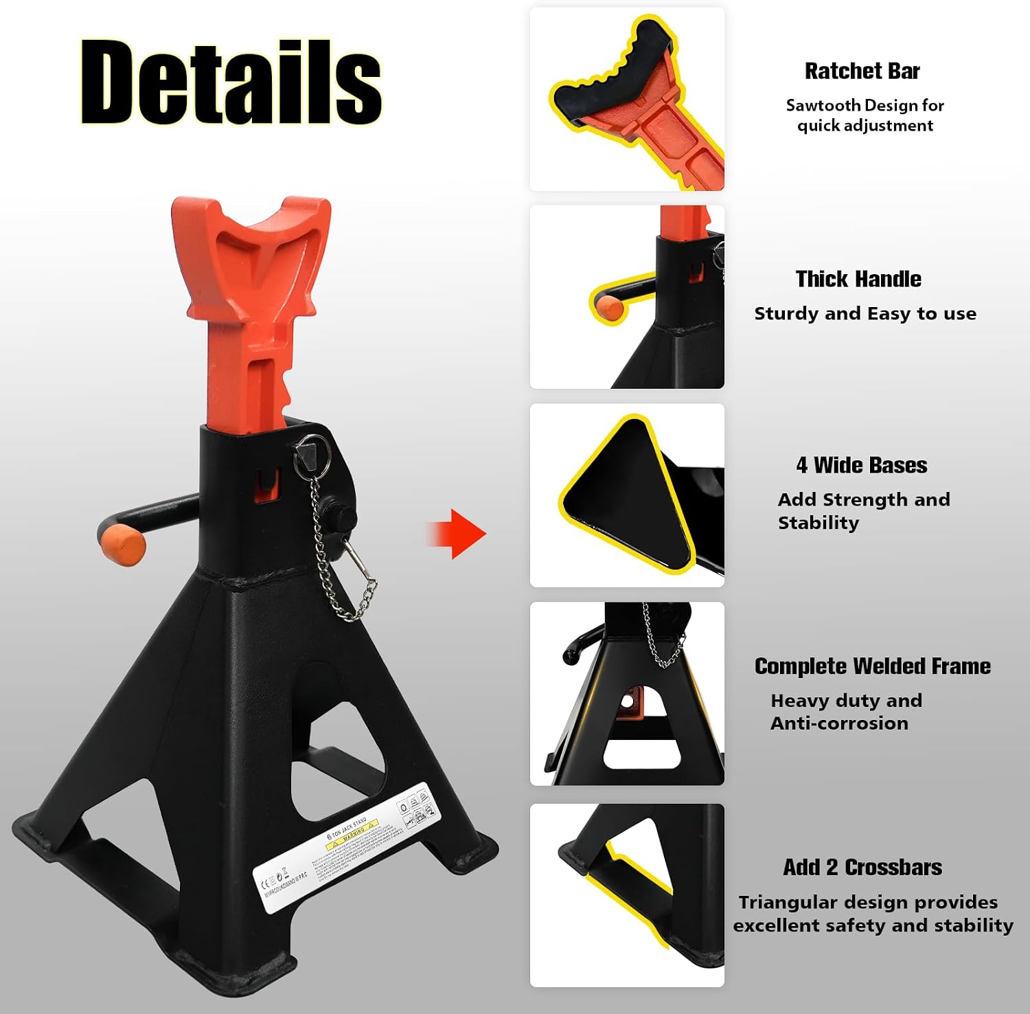 YATOINTO Upgraded Jack Stands 6 Ton (13,200 LBs) with 2 Crossbars and Double Pin Locking,Car Jack Stands 15.35"-22.05" Adjustable with Rubber Pads for Trucks,Home,Garage, SUV,Car,UTV/ATV,1 Pair
