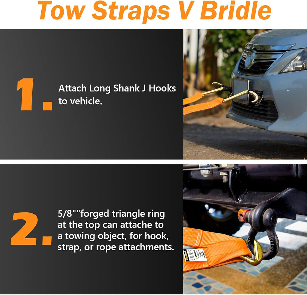 2 PCs 3" x 24" Recovery Tow V-Straps V Bridle w/15 J Hooks 5400LBS | 16200 LBS Breaking Capacity, 5/8" Forged Triangle Ring, Hi Viz/Hi Abrasion Webbing, Ideal for Wrecker Rollback Car Hauler