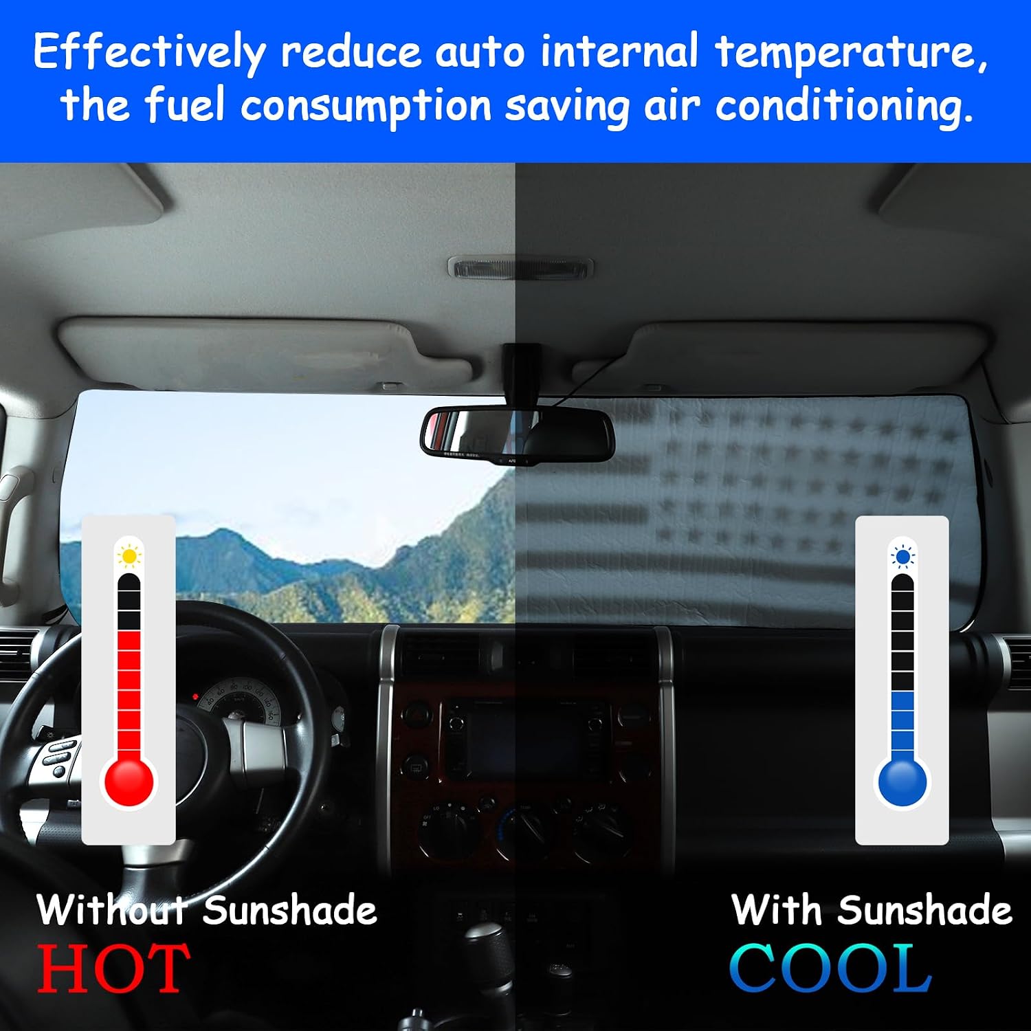 Windshield Sunshade Fit for Toyota FJ Cruiser 2007-2021, Folding Car Sun Shade for Front Window, Auto Sun Protection Visors Blocks UV Rays and Keeps Vehicle Cool, 1PC, American Flag Pattern
