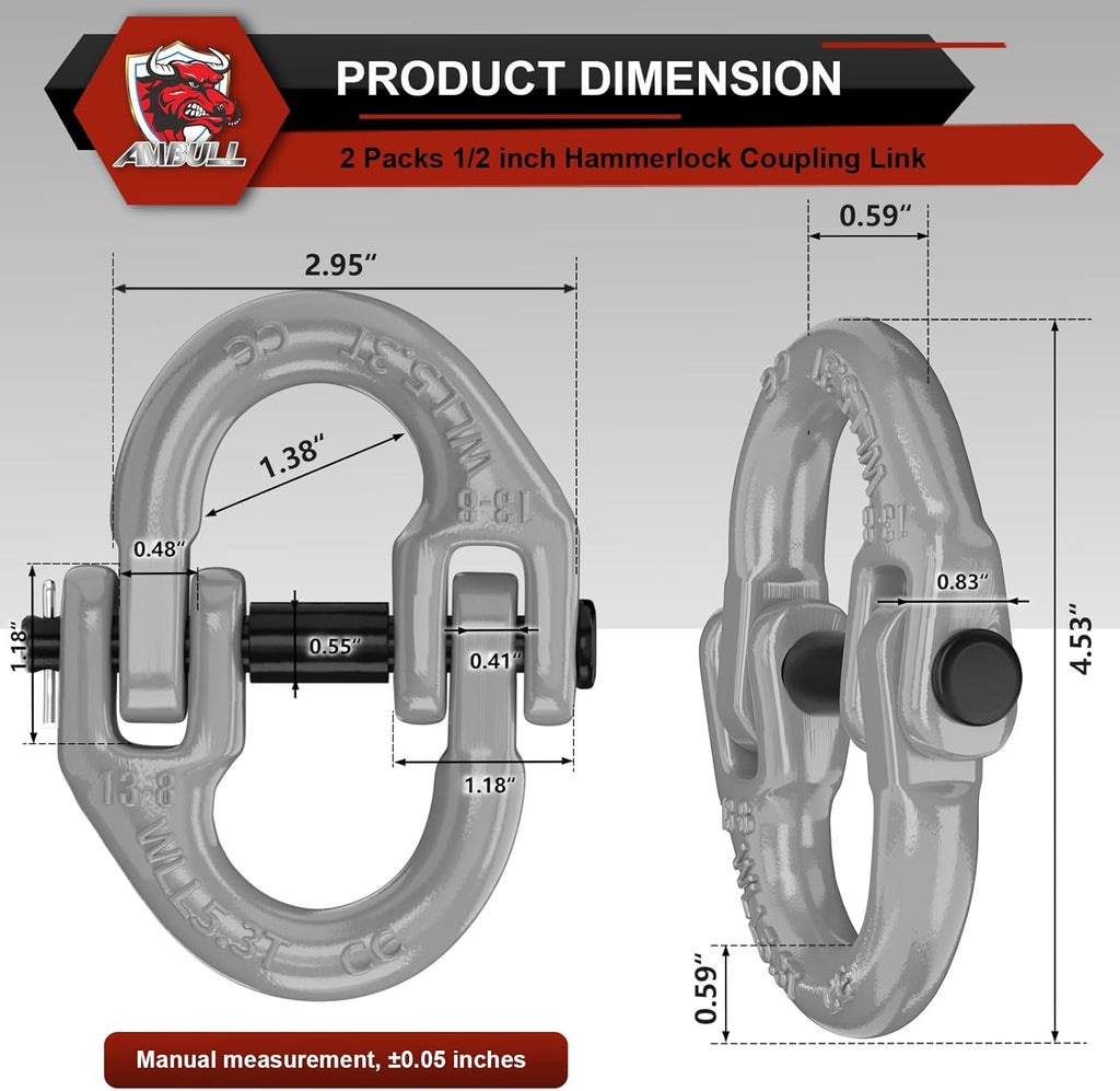 2 Pack 1/2" Safety Chain Connector Link, G80 Tow Hitch Hammerlock Coupling Link, Tow Chain Connector with 12000 lbs Loading (Gray)