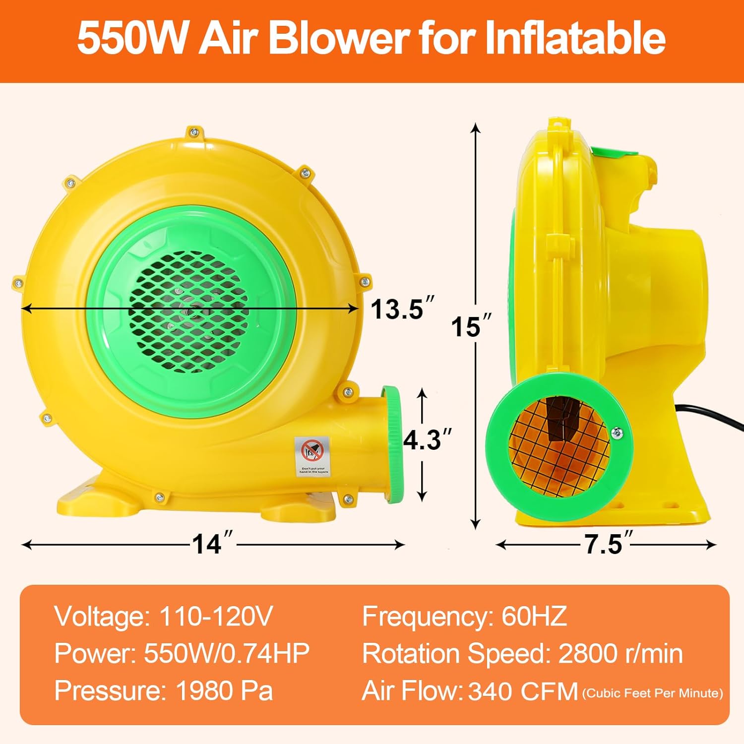 Bounce House Blower, 550W/0.73HP Commercial Air Blower with Double-Sided Fan Blade Design, Strong Wind and Great Heat Dissipation Properties for Bouncy Castle, Jump Slides, Arch, Inflatables