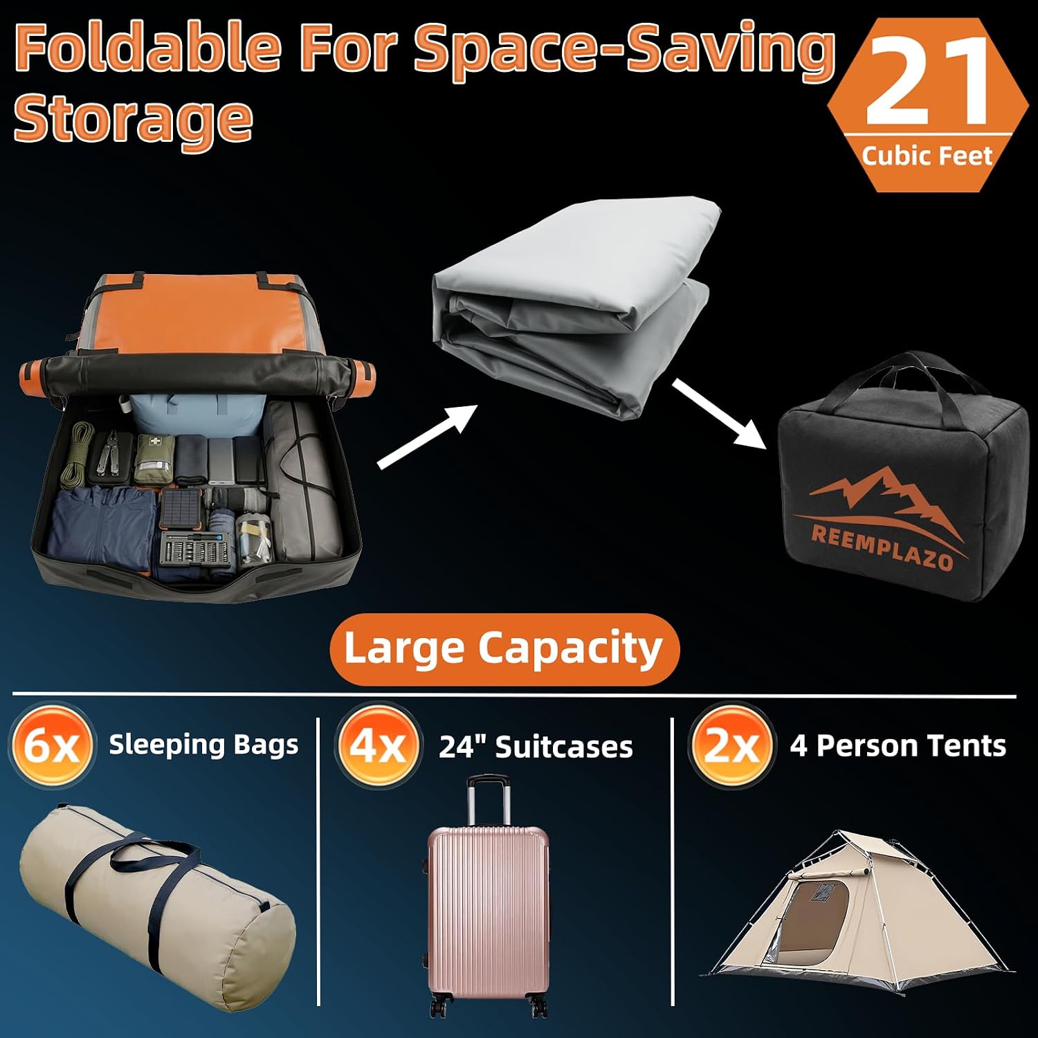 21 Cubic Feet Rooftop Cargo Carrier Bag, Waterproof Heavy Duty Car Roof Bag for SUV Pickup Truck with/Without Roof Racks, Travel Camping Roof Top Luggage Storage with Anti-Slip Mat (Black Orange)