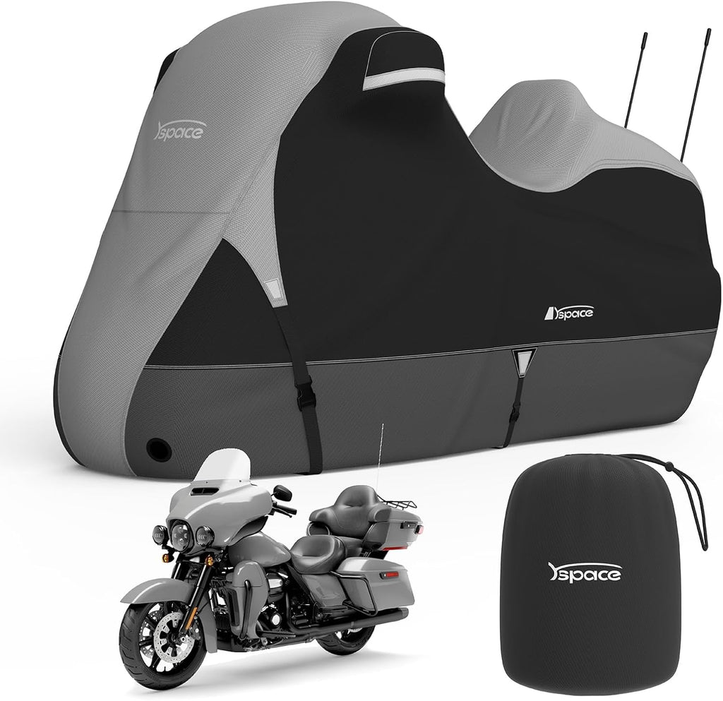 YSPACE Motorcycle Cover with Side & Top Box Heavy Duty 600D Waterproof, Night Reflective Strips, Fits Touring Models Harley Davidson, Ultra Limited,Ultra Classic,Road Glide,Electra Glide,Black/Gray