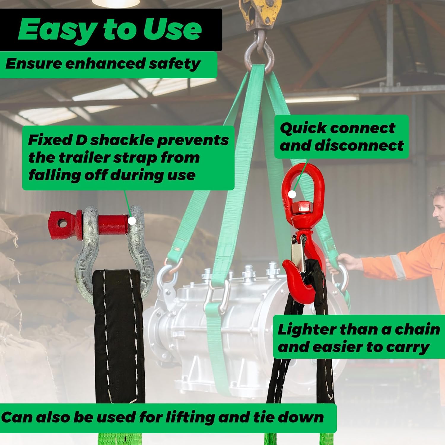 HENBOW Lift Sling Straps|2" × 6.5' Web Sling Strap with Swivel Lifting Hook and D Ring Shackle|4400Lbs Safety Work Load and 17600Lbs Breaking Load|Strap for Hoist Car Tree Saver Winch Recovery