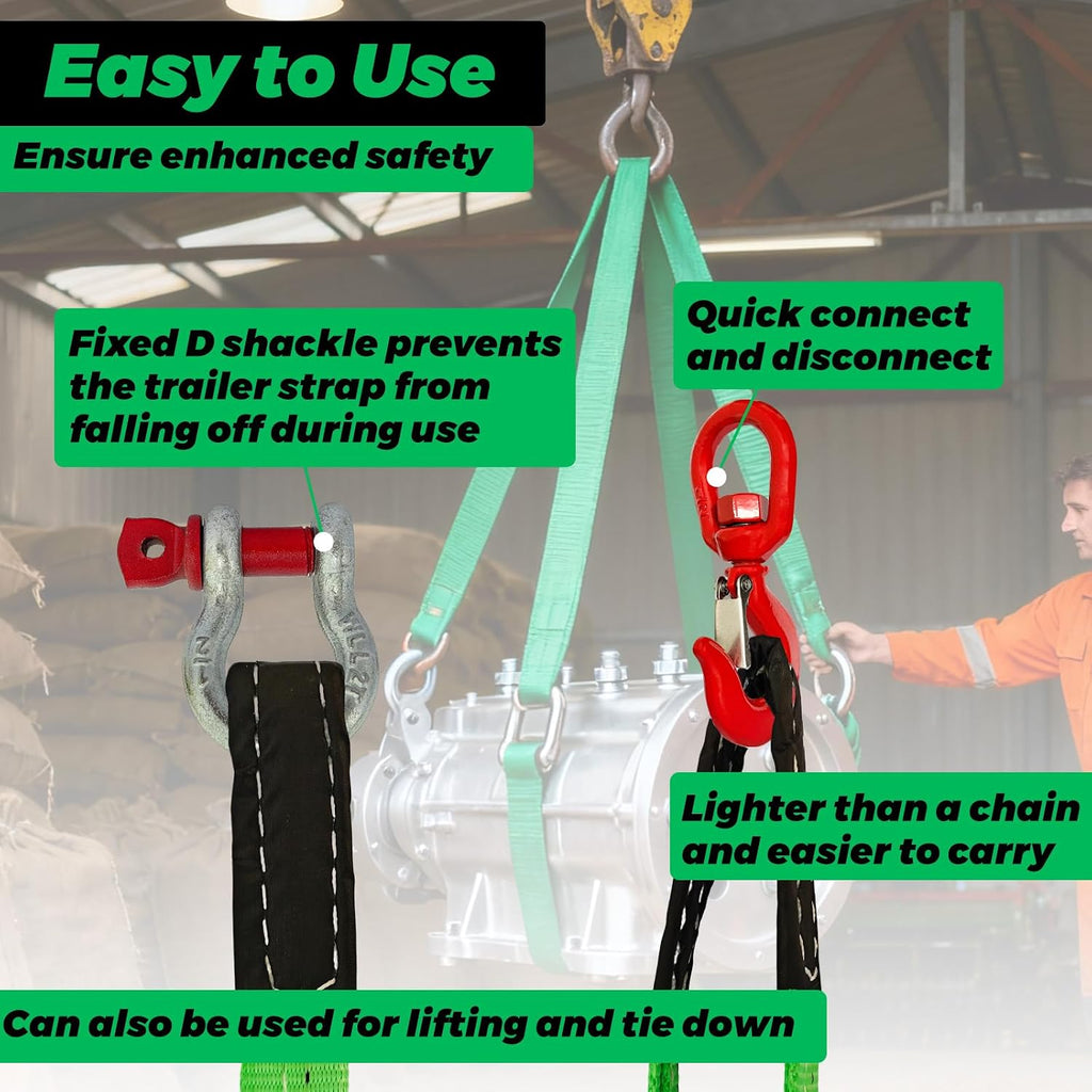HENBOW Lift Sling Straps with Swivel Lifting Hook and D Ring Shackle,6.5'X2 Heavy Duty Flat Lift Sling 17600 lbs Capacity，Web Sling for Hoist Car Tree Saver Winch Recovery