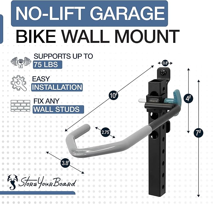 WheelRest Bike Hook, No-Lift Garage Bike Wall Mount 75lbs Max Load, Fits all - Image 2