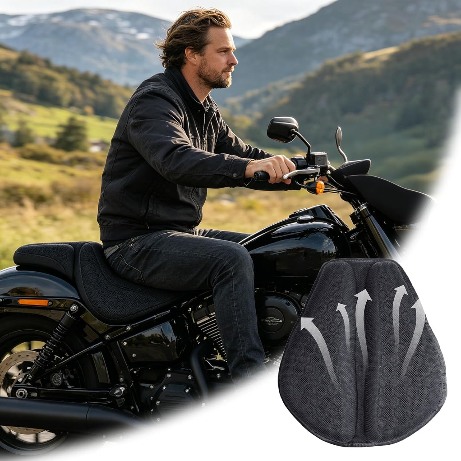 Motorcycle Seat Cushion, 100% Gel 3D Honeycomb Motorcycle Seat Cover with Non-Slip & Breathable TPE Material, Universal Ergonomic Seat Pad for Long Rides, Shock Absorption & Rider Comfort (Black)
