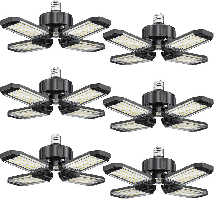 LED Garage Lights 6 Pack - 120W Garage Lights Ceiling LED 12000LM with 4+1 Adjustable Panels, Shop Lighting 6500K Screw in E26 E27 Socket, for Workshop Shop Barn Basement Bay