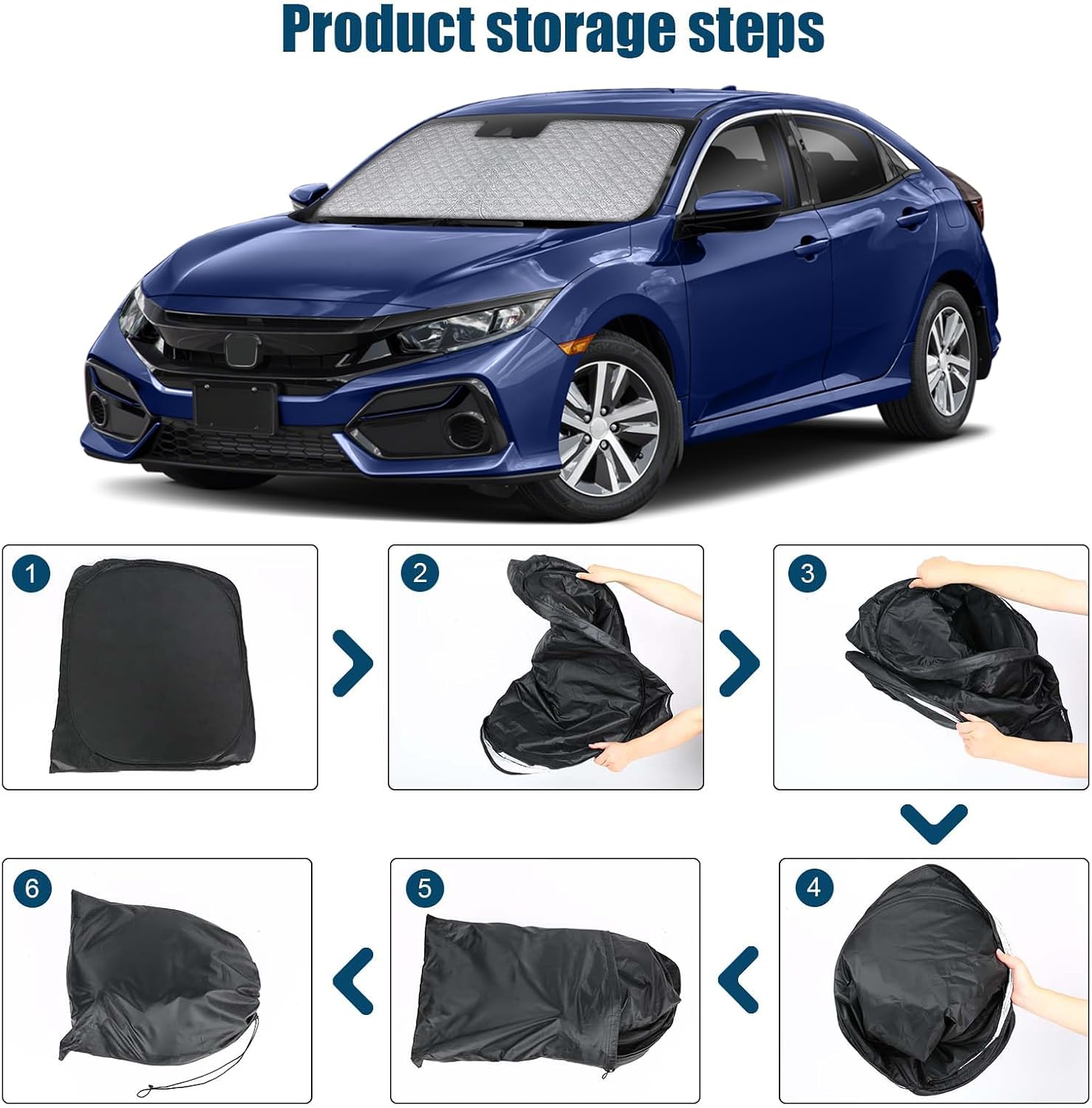6 Layers Custom Fit Windshield Sun Shade for 2016-2021 Honda Civic, Foldable Car Sunshade with Storage Bag, Heat Reflective & UV Protection