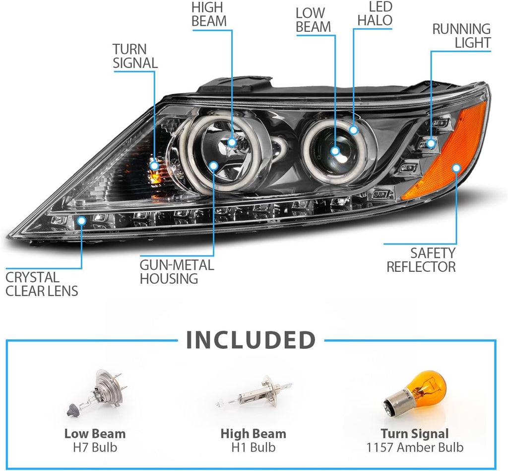 AmeriLite for 2011-2013 Kia Sorento Xtreme LED Halo Rings Gun-Metal Projector Headlights Set - Passenger and Driver Side