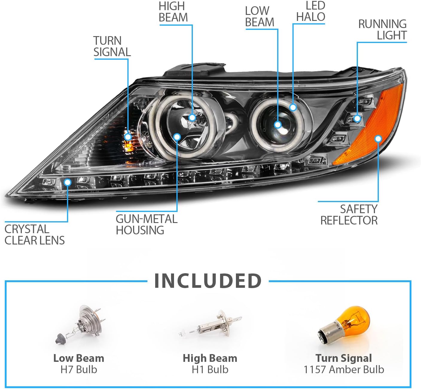 AmeriLite for 2011-2013 Kia Sorento Xtreme LED Halo Rings Gun-Metal Projector Headlights Set - Passenger and Driver Side