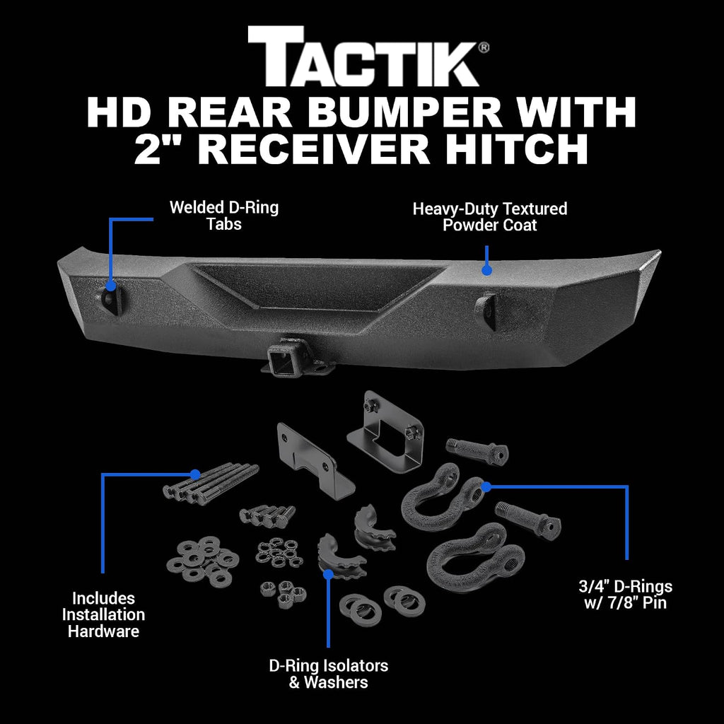 TACTIK JK Rear Bumper with 2" Hitch Receiver & D-Rings - Fits Jeep Wrangler JK 2007-2018 - Heavy Duty Offroad Bumper for Jeep JK Wranglers