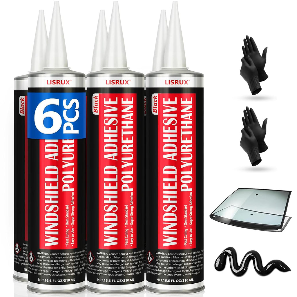 [6 pack] polyurethane windshield adhesive, windshield sealant black, main product view
