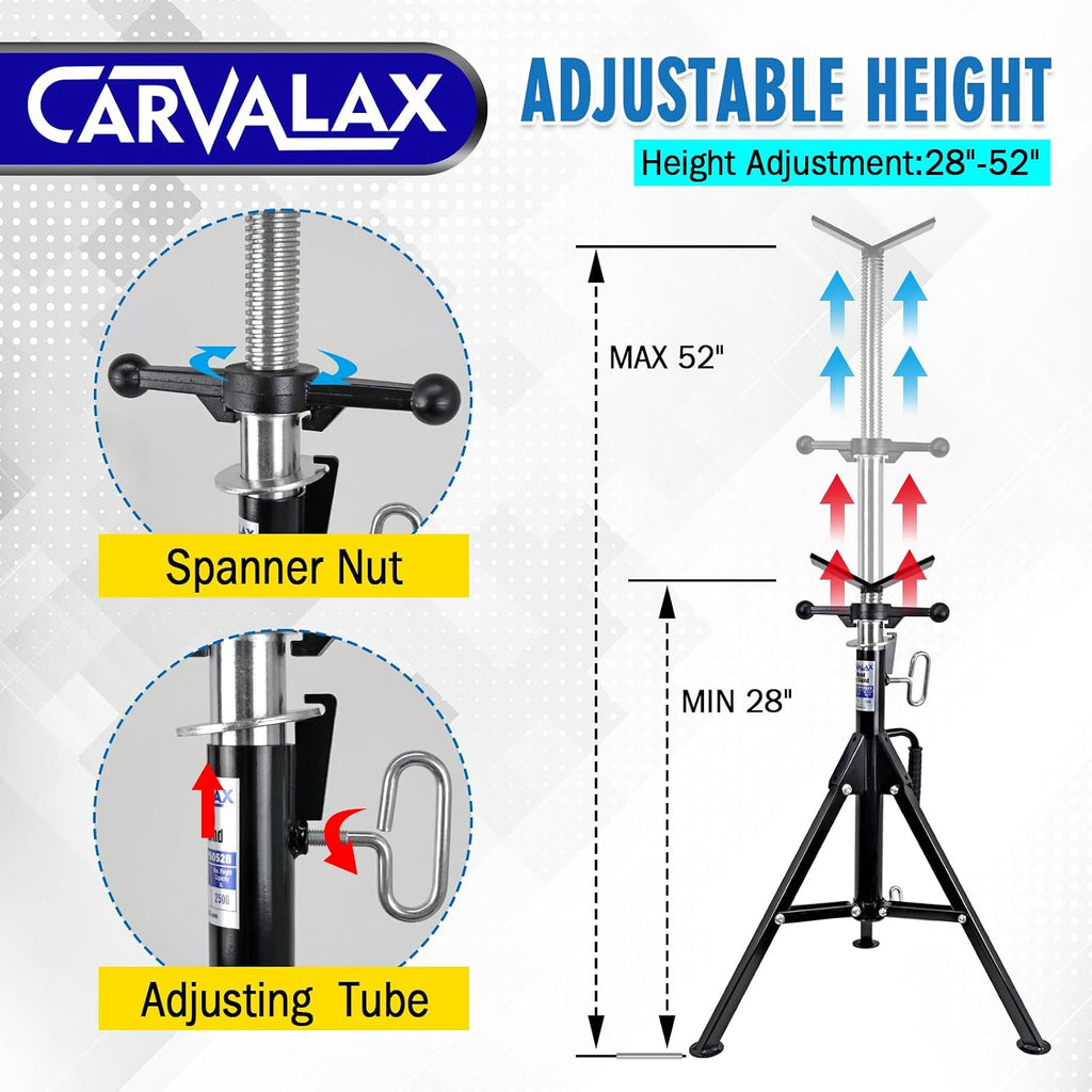 CARVALAX V-Head Pipe Jack Stands, Adjustable Pipe Stand for Welding | 28"-52" Adjustable Height, Fits 1/2" - 12" Pipe Capacity, 2500LB Load Capacity, w/Portable Folding Legs