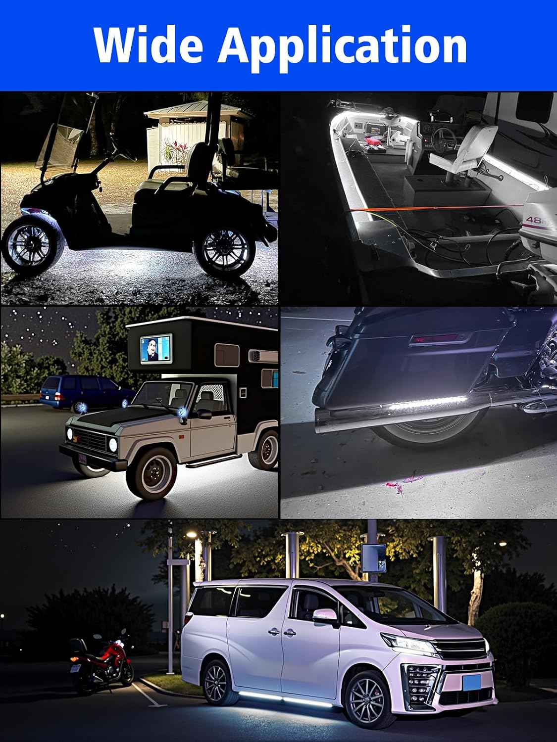 YM E-Bright Underglow LED Strip Light IP68 Waterproof 4 Pcs 12inch White | 18 SMD LED chips, DC12V low voltage, fit car, motorcycle, truck, golf cart, boat, ATV,interior & exterior decoration lighting
