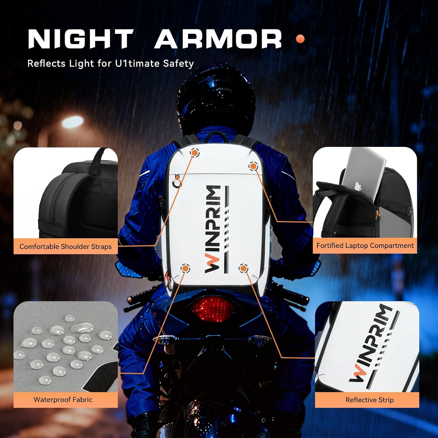 Reflective Motorcycle Helmet Backpack with Rain Cover, 40L Waterproof 1680D Oxford Fabric Helmet Backpack， Mochila Para Motociclista Laptop Compartment for Long Distance Travel, Commuting, Work & Gym