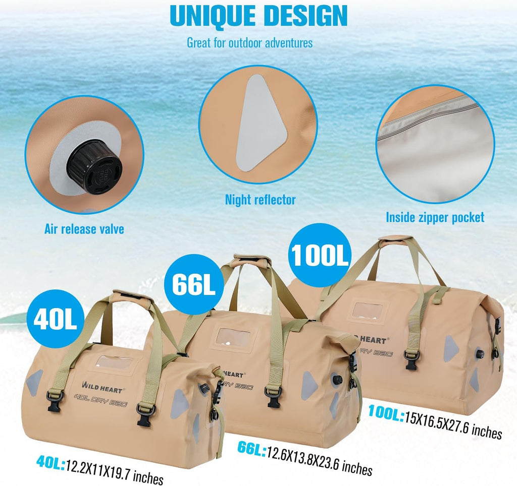 WILD HEART Waterproof Motorcycle Duffel Bag PVC500D Double-bottom With Rope Straps and Inner Pocket 40L 66L 100L for Kayaking, Camping, Boating,Motorcycle