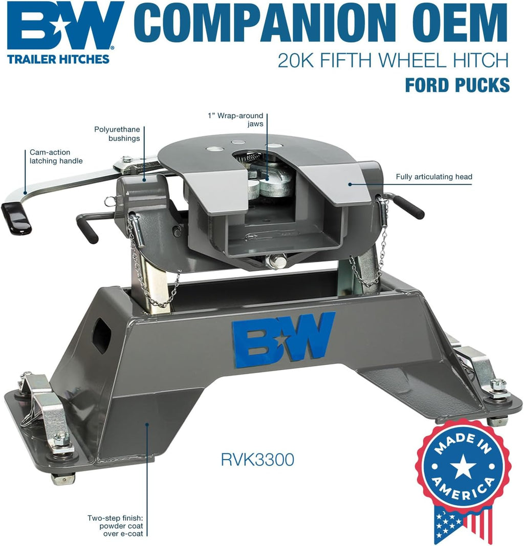 B&W Trailer Hitches 20K Companion OEM Fifth Wheel Hitch - Compatible with Ford OEM Puck System - RVK3300