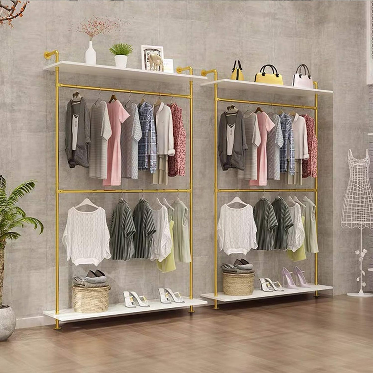 modern simple 2 tier metal and wood garment, main product view