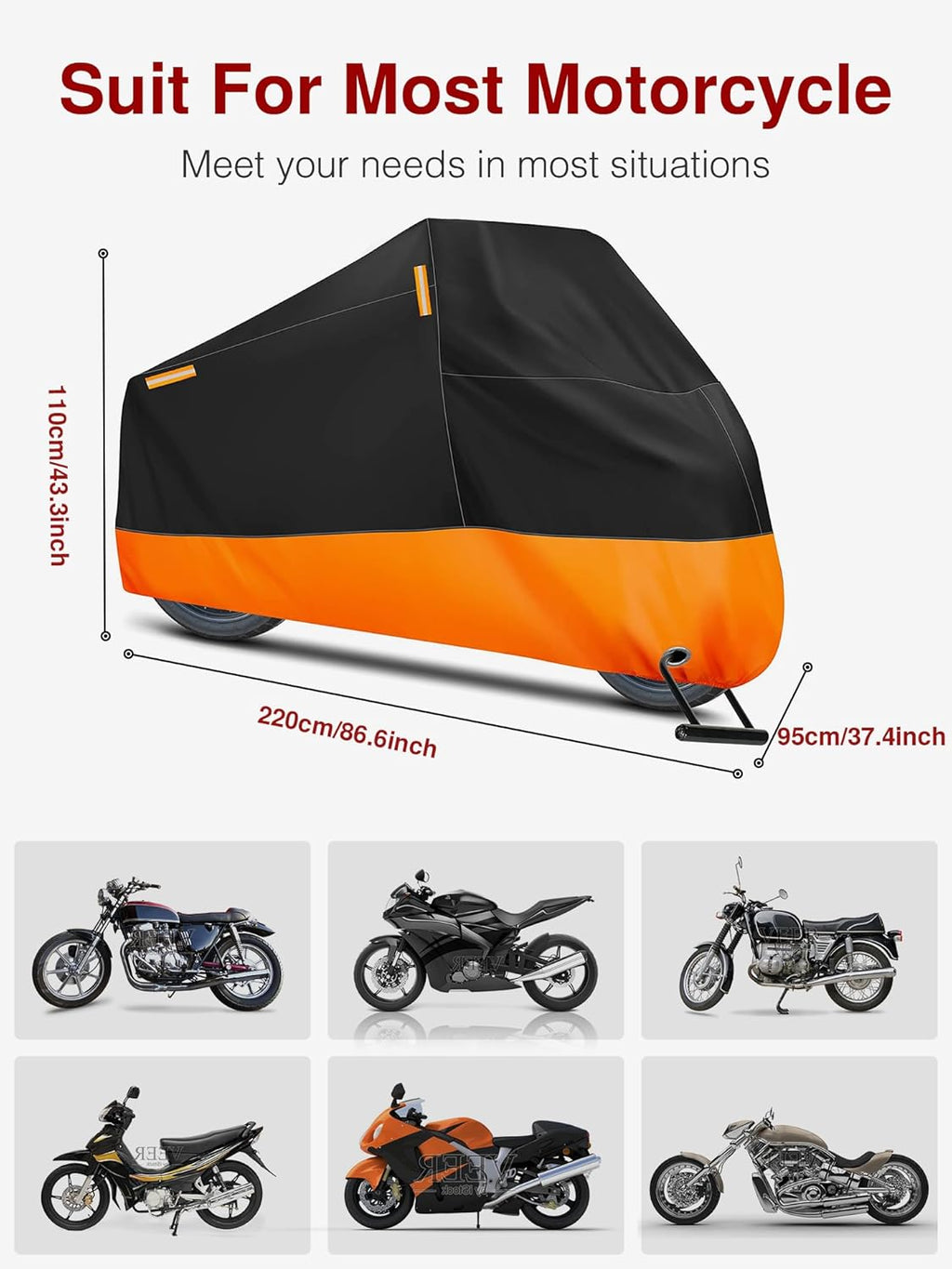 Puroma Motorcycle Cover Heavy Duty Scooter Cover Waterproof Outdoor All Season Universal Weather Quality Protection with Night Reflective, Lock Hole and Storage Bag Fits up to 86.6" Motorcycle Vehicle