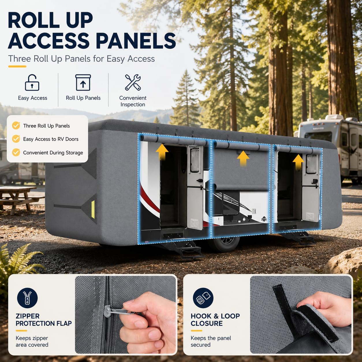 Class A RV Cover for 2016 Winnebago SOLEI 36G, Multi Layer Nonwoven Fabric with Secure Fit Strap System, Breathable Air Vents and Zipper Access Panels