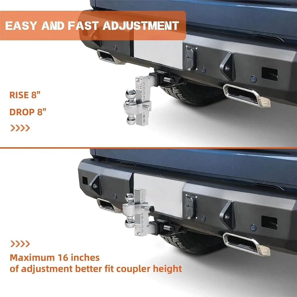 Adjustable 2" Trailer Hitch 8" Drop/Rise Dual-Ball 12,500 LBS GTW Locks