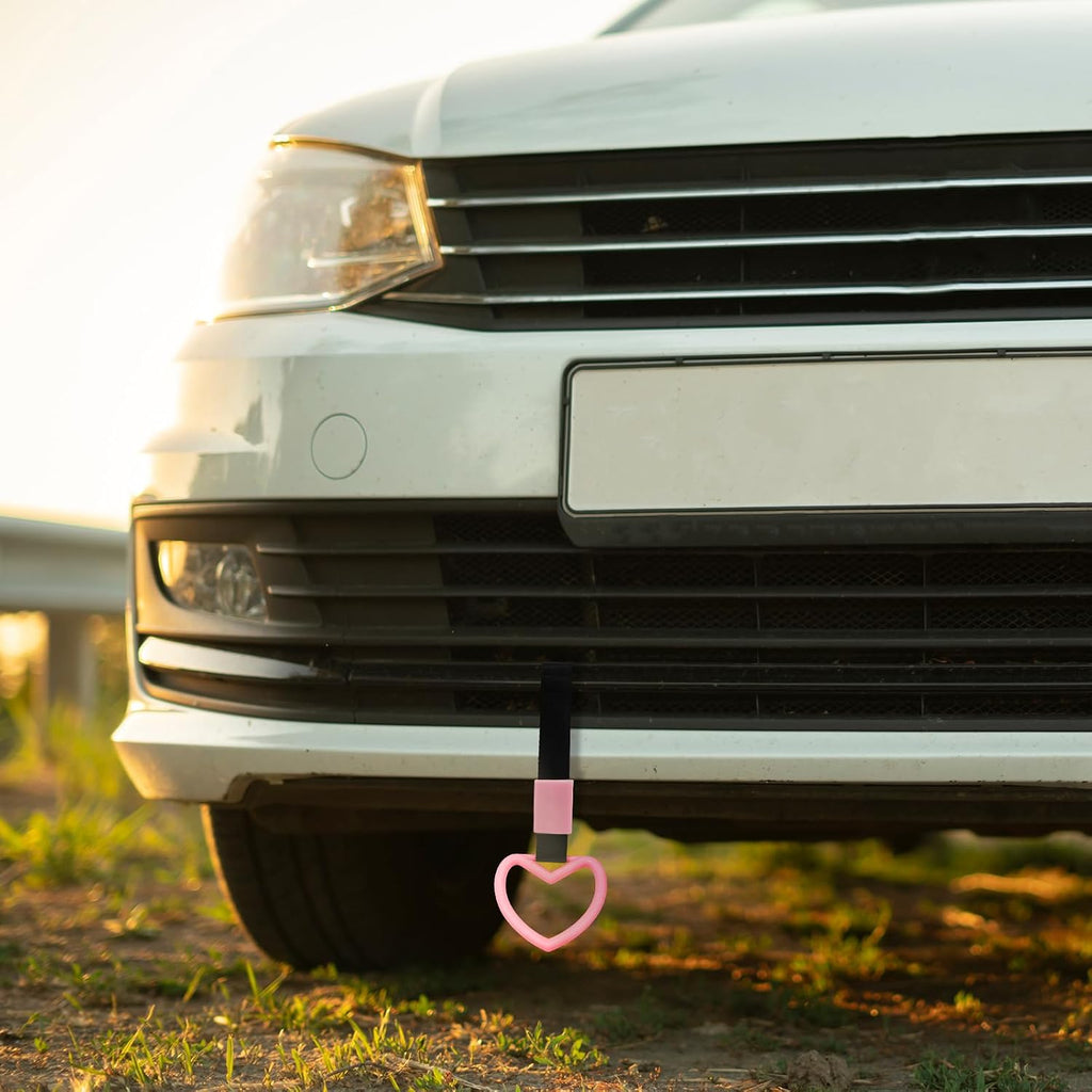 2 Pcs Heart Shaped Car Handle Strap – Drift Charm Rear Bumper Warning Ring Decor for Car Interior Exterior, Subway Bus Handle Accessory, Cute Heart Car Decor Gift for Women & Men (Pink)