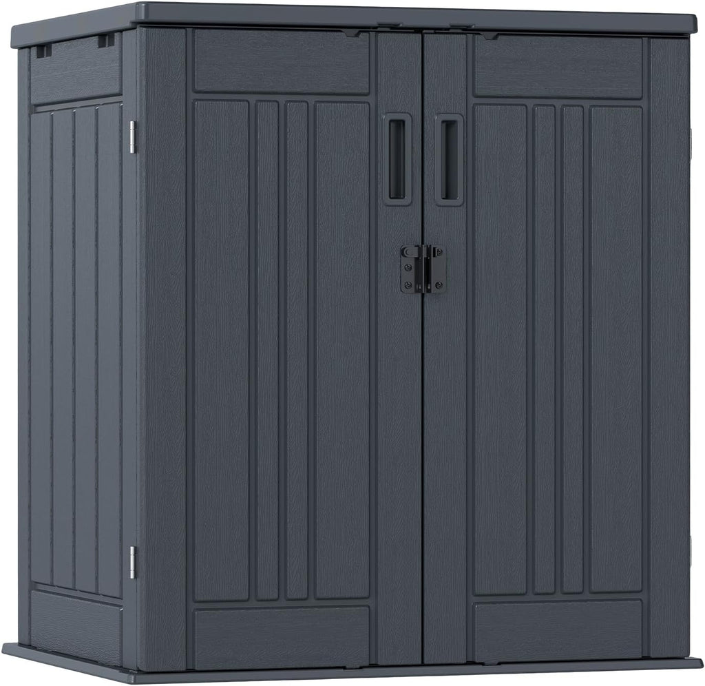 outdoor storage cabinet with 2 shelves, waterproof resin, main product view