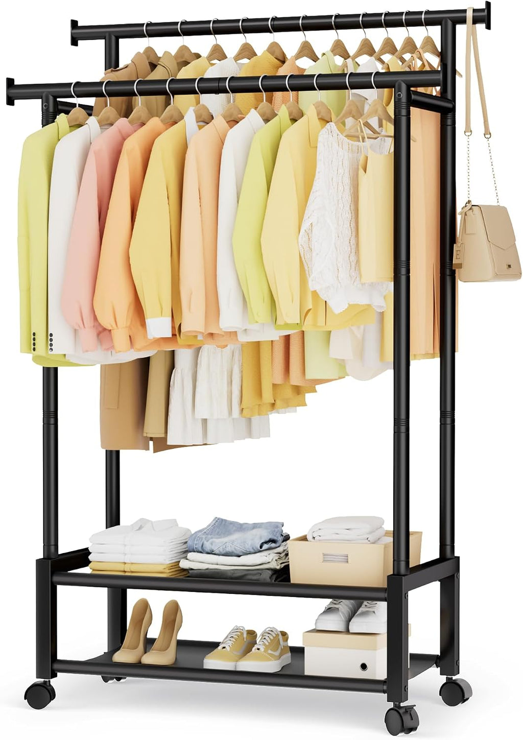 double rod clothing rack with 2 shelves, rolling, main product view