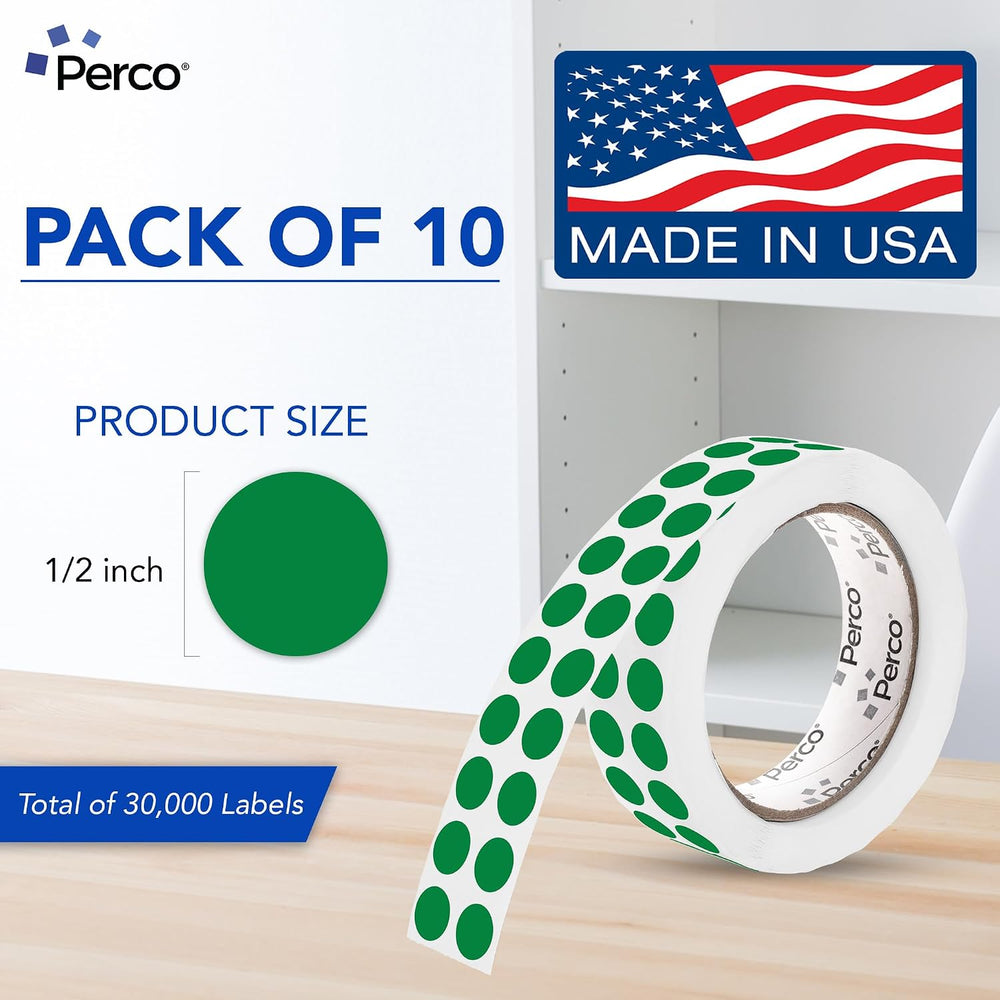 Perco Green Perforated Round Circle Dot Sticker 1/2-Inch Labels — 10 Rolls, 3...