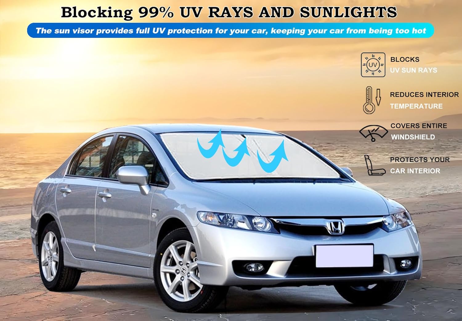 Windshield Sun Shade for Honda Civic 2006 2007 2008 2009 2010 2011, Front Window Shade Sun Visor Protector Honda Civic Accessories Foldable Sunshade Blocks UV Rays Keeps Your Car Cooler