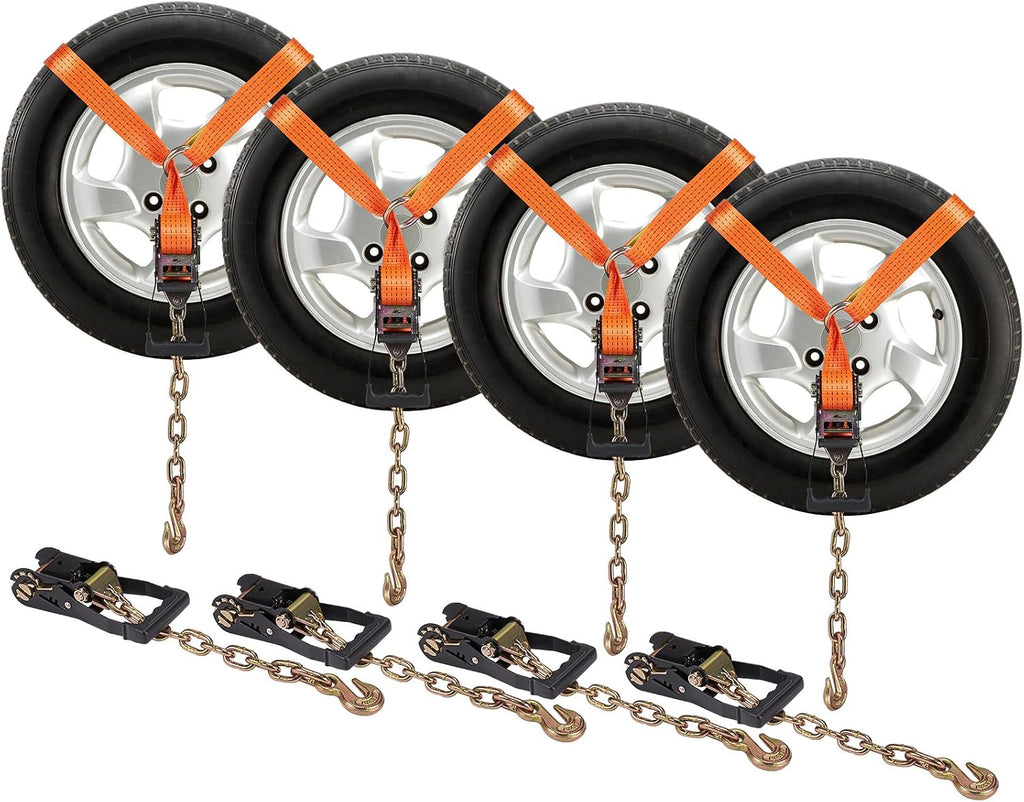 VEVOR Car Tie Down with Chain Anchors, Lasso Style 2"×120" Tire Straps, 5865 LBS Working Load, 11023 LBS Breaking Strength, with Heavy Duty Ratchets for Passenger Car, ATV, SUV, UTV, Truck, 4-Pack