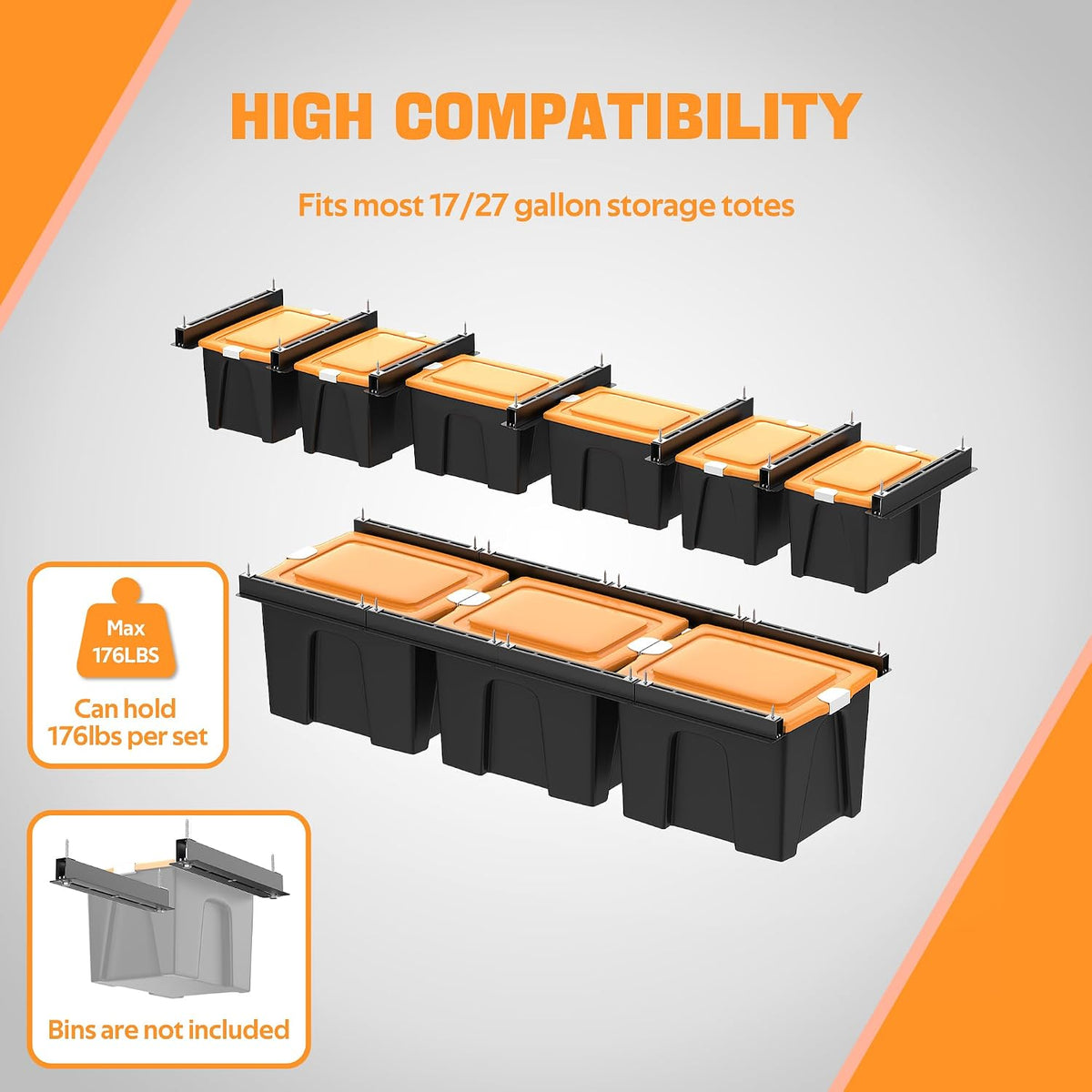 ultrawall overhead garage storage racks for bins, ceiling showing dimensions