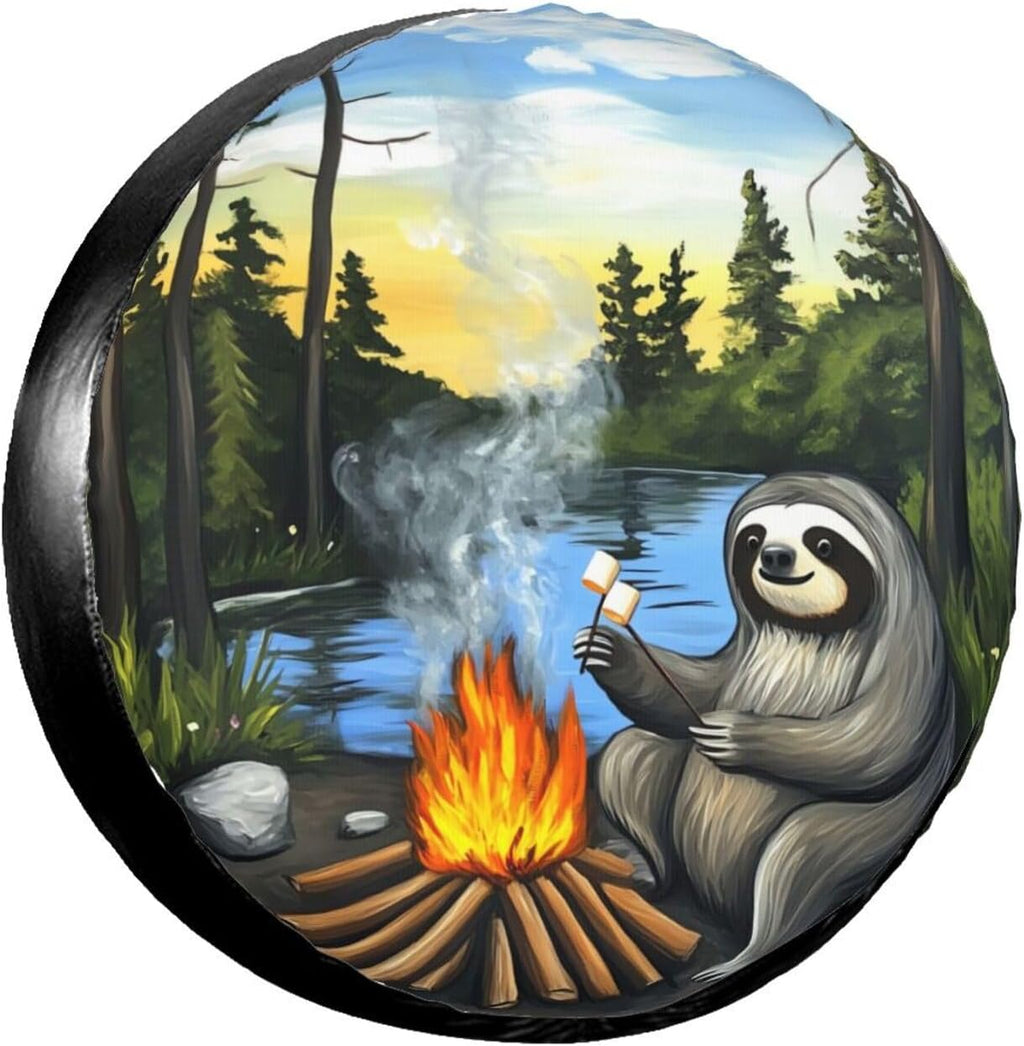 Sloth Toasting Marshmallows Universal Spare Tire Cover,15 Inch,Waterproof Polyester Wheel Protector Funny Cute Tire Covers for Rv Suvs Trucks Travel Trailers Outdoor,Easy Install