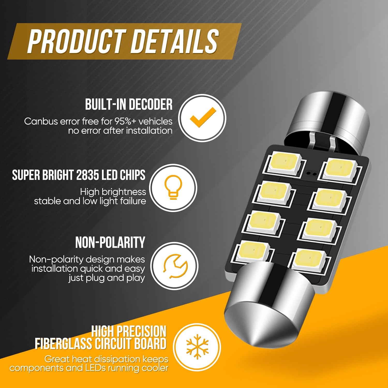 Audak Festoon LED Bulb 39mm 2835 8SMD Canbus Error Free Fit for Interior Dome Map Lights Door Courtesy Lights Trunk Lights License Plate Lights (Pack of 4)