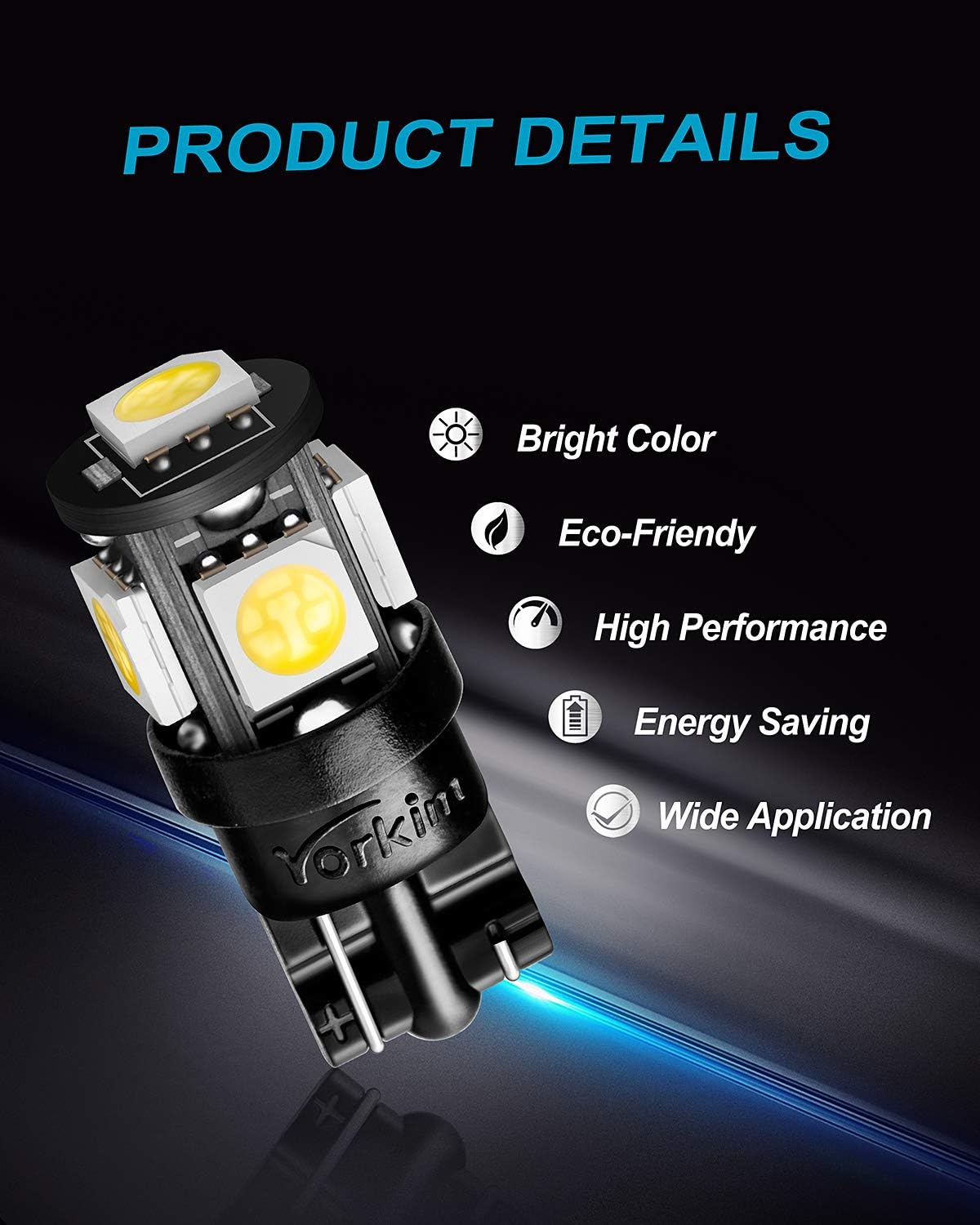 Yorkim 194 LED Bulb 6000K White, T10 168 2825 W5W Non-Polarity Mini Wedge, Interior Car Bulbs Replacement 10 Pack for License Plate Dome Map Trunk Cargo Lights