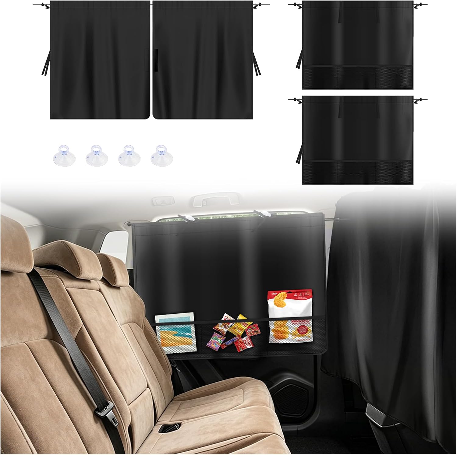 3PCS Upgraded Car Privacy Curtains Kit with Storage Pockets,Car Curtains for Windows with 2PCS Side Shade & 1PC Privacy Curtain,Universal Cars Window Shades for Sun Blocking