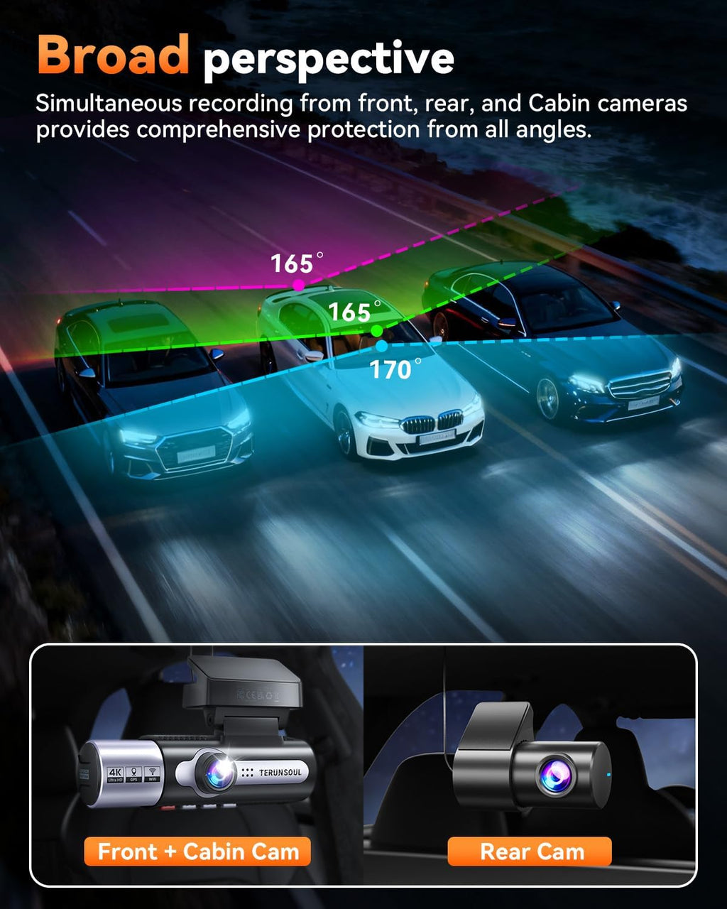4k dash cam front and rear, full hd, front angle view