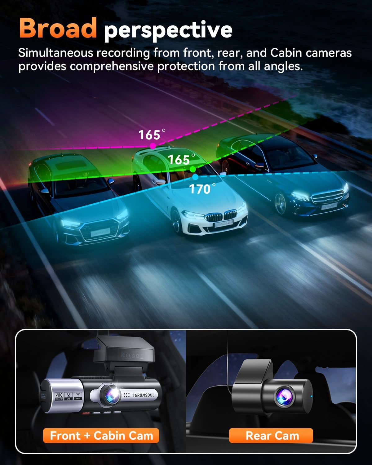 4k dash cam front and rear, full hd, front angle view