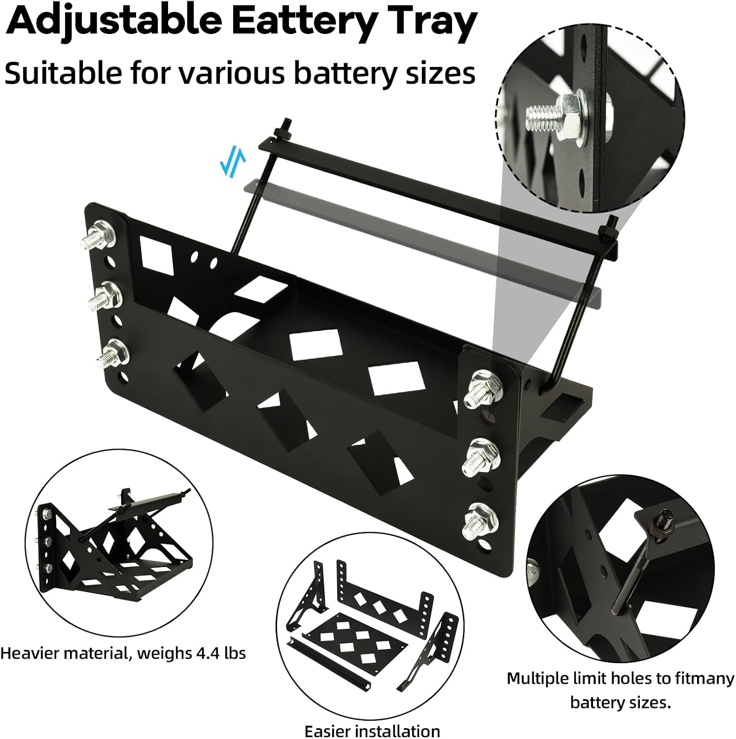 Metal Steel Battery Mounting Trays Bracket, Bolt-in Battery Tray | Tray Fits Up to 10.63"×7.06"×7.5" Battery, for Car RV Trailer Boat Truck Marine, Waterproof,Anti-Corrosion, No Rusting