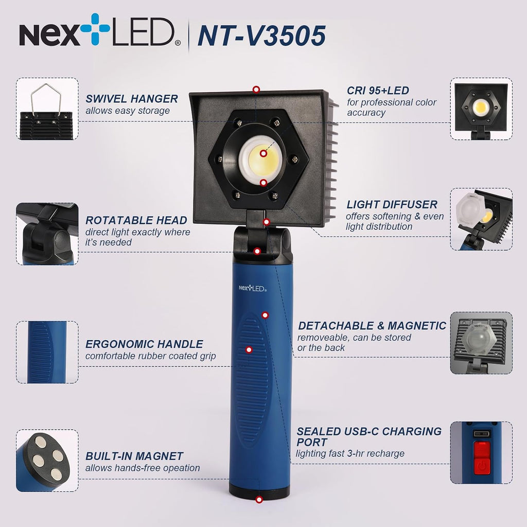 NextLED NT-V3505 Rechargeable Ceramic Coating Light, 1000 LM, CRI 95+, w/Detachable Light Diffuser, for Auto Detailing, Optimal Ceramic Car Coating, Paint Correction Kit, Color Matching Tool