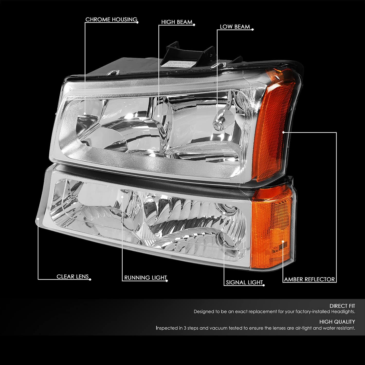DNA MOTORING Pair Headlight Assembly Compatible with 2003-2006 Chevy Silverado 1500 2500 3500 1500 HD 2500 HD Avalanche 1500 2500, w/o Factory Cladding, Chrome/Amber, HL-OH-CS03-4P-CH-AM
